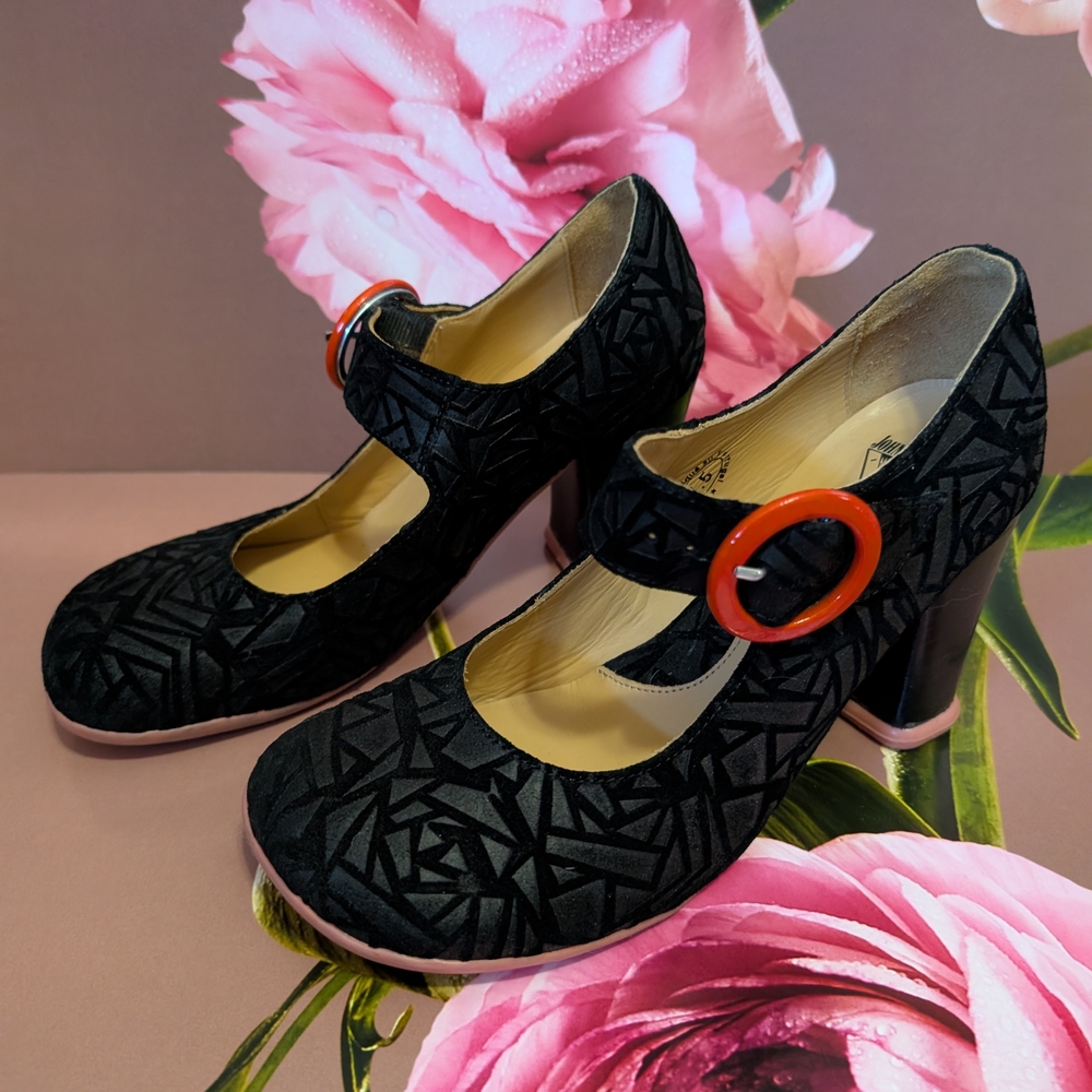 John Fluevog Black Geometric Heels with Pink Soles